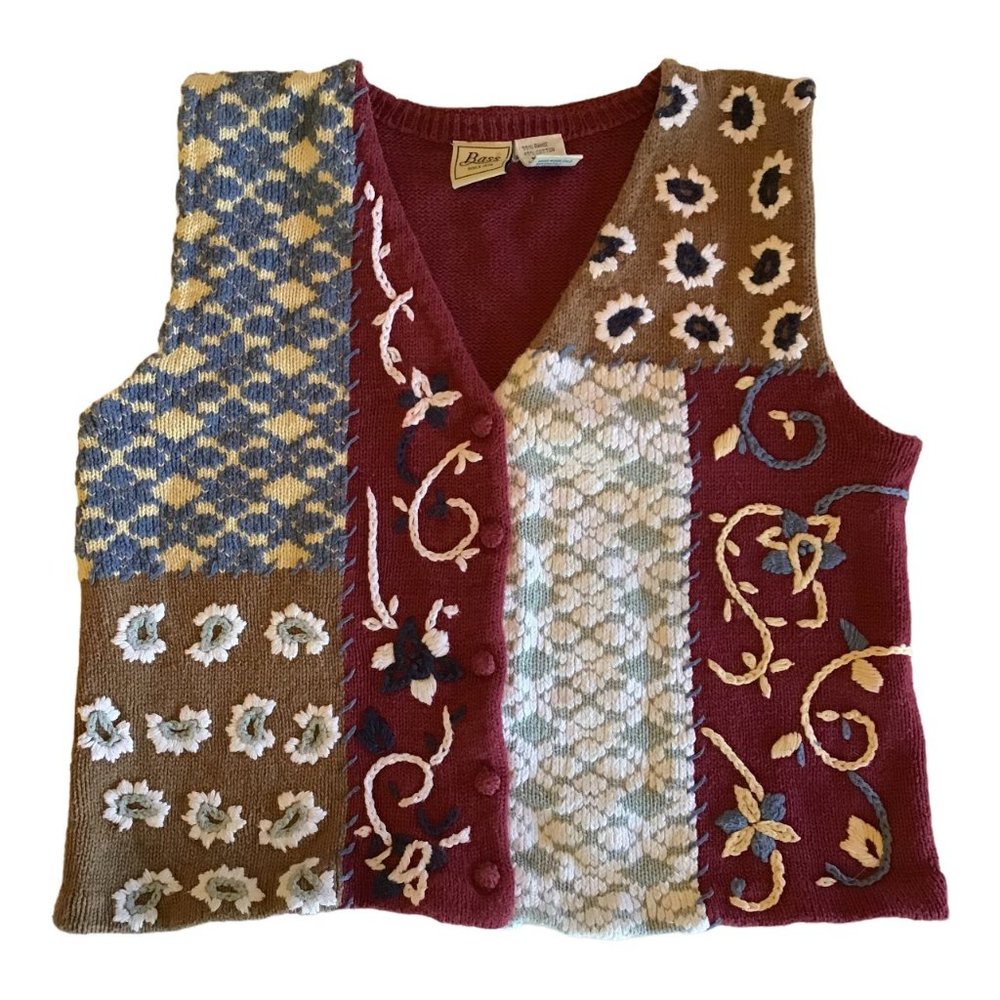 Vintage womens sweater vest M knit patchwork mix pattern button v-neck 80s 90s